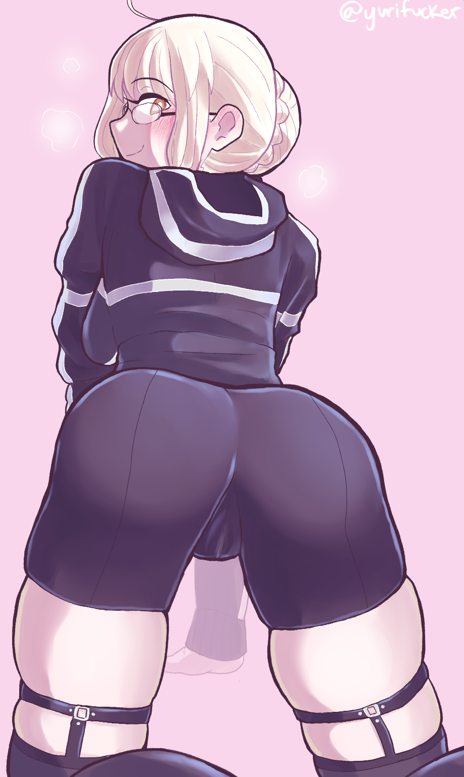 1girl, ahoge, all_fours, arm_support, artist_name, artoria_pendragon_(all), ass, blush