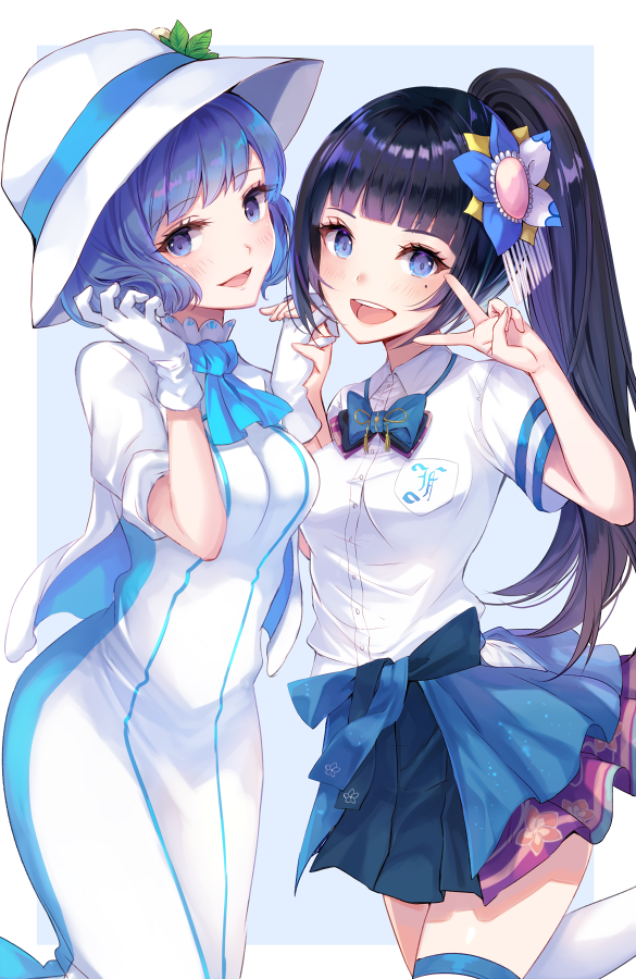 2girls, aoi_(kirabosi105), aoi_ch., bangs, black_hair, blue_background, blue_eyes, blue_hair