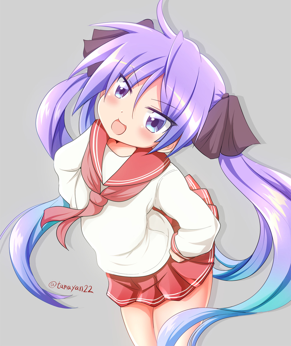 1girl, :d, bangs, blue_hair, blush, brown_ribbon, commentary_request, drop_shadow