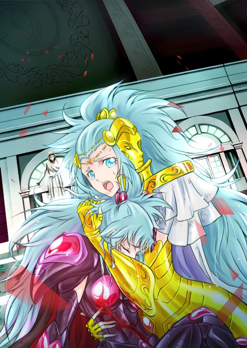 2girls, :o, absurdres, armor, blood, blue_eyes, blue_hair, closed_eyes
