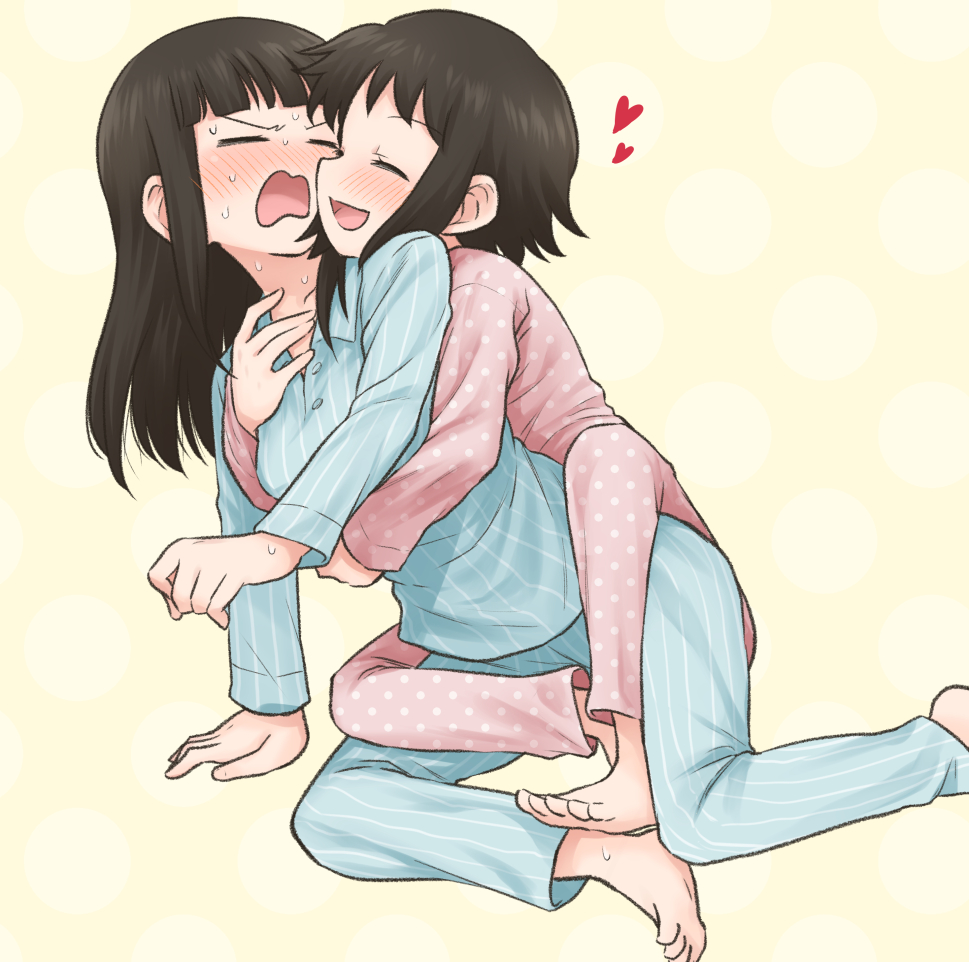 2girls, bangs, bernard-jou_iwaku., black_hair, blush, closed_eyes, heart, hug