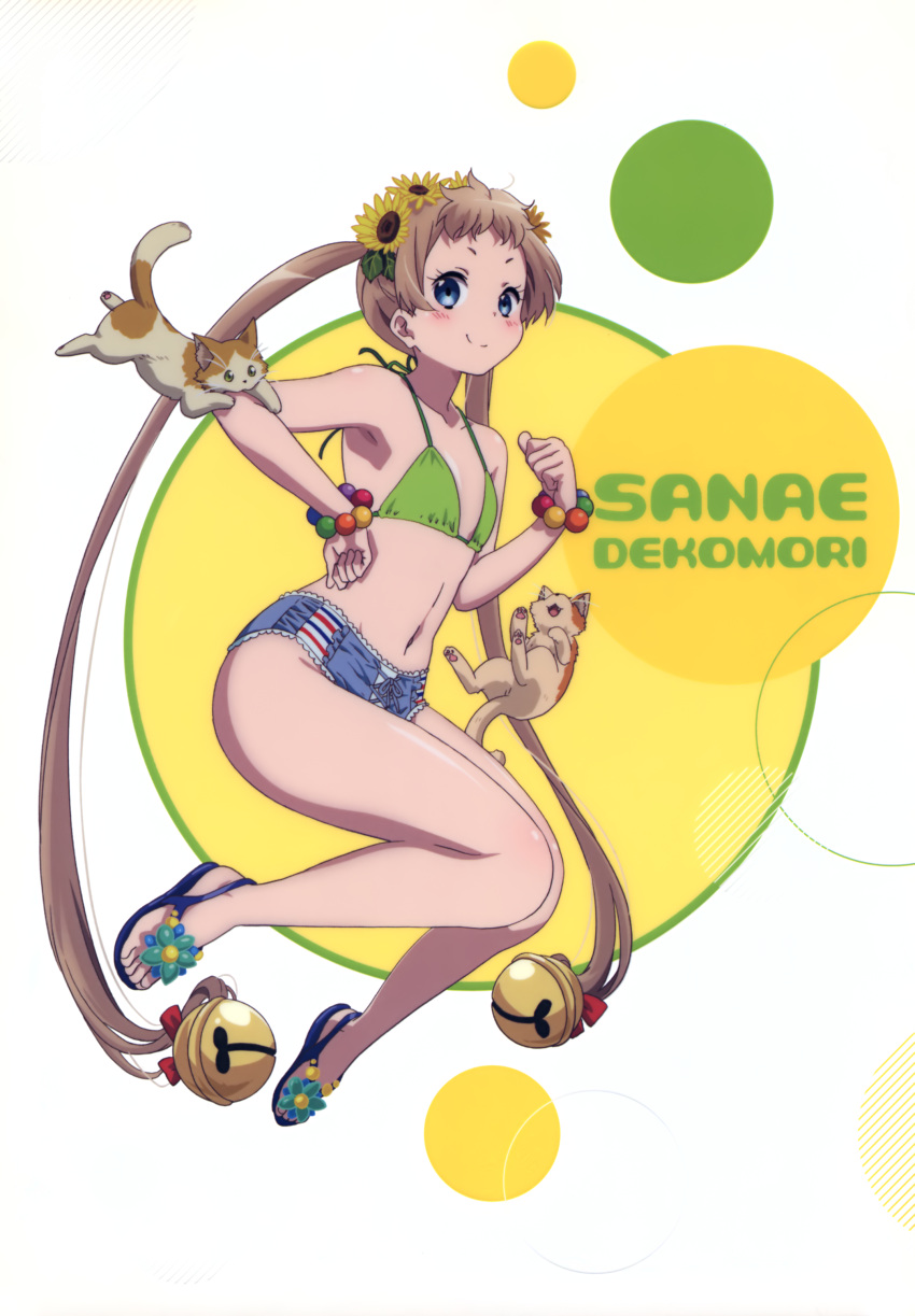 1girl, absurdres, animal_on_arm, bare_shoulders, bell, bikini, blonde_hair, blue_eyes, blush, bracelet, cat, chuunibyou_demo_koi_ga_shitai!, collarbone, dekomori_sanae, flat_chest, flower, full_body, green_bikini_top, hair_flower, hair_ornament, head_wreath, highres, jewelry, long_hair, looking_at_viewer, midriff, navel, official_art, sandals, scan, shiny, shiny_hair, shiny_skin, short_shorts, shorts, smile, solo, string_bikini_top, sunflower, swimsuit, twintails, very_long_hair