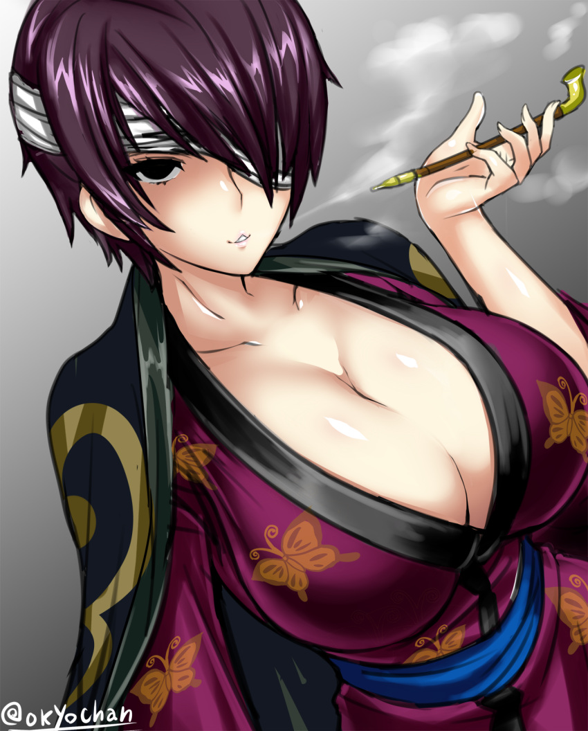 1girl, black_eyes, breasts, cleavage, collarbone, cosplay, eyepatch, gintama, highres, japanese_clothes, kimono, kiseru, large_breasts, long_sleeves, looking_at_viewer, obi, okyou, parted_lips, pipe, purple_hair, sash, short_hair, smoke, solo, takasugi_shinsuke, takasugi_shinsuke_(cosplay), twitter_username, upper_body, wide_sleeves