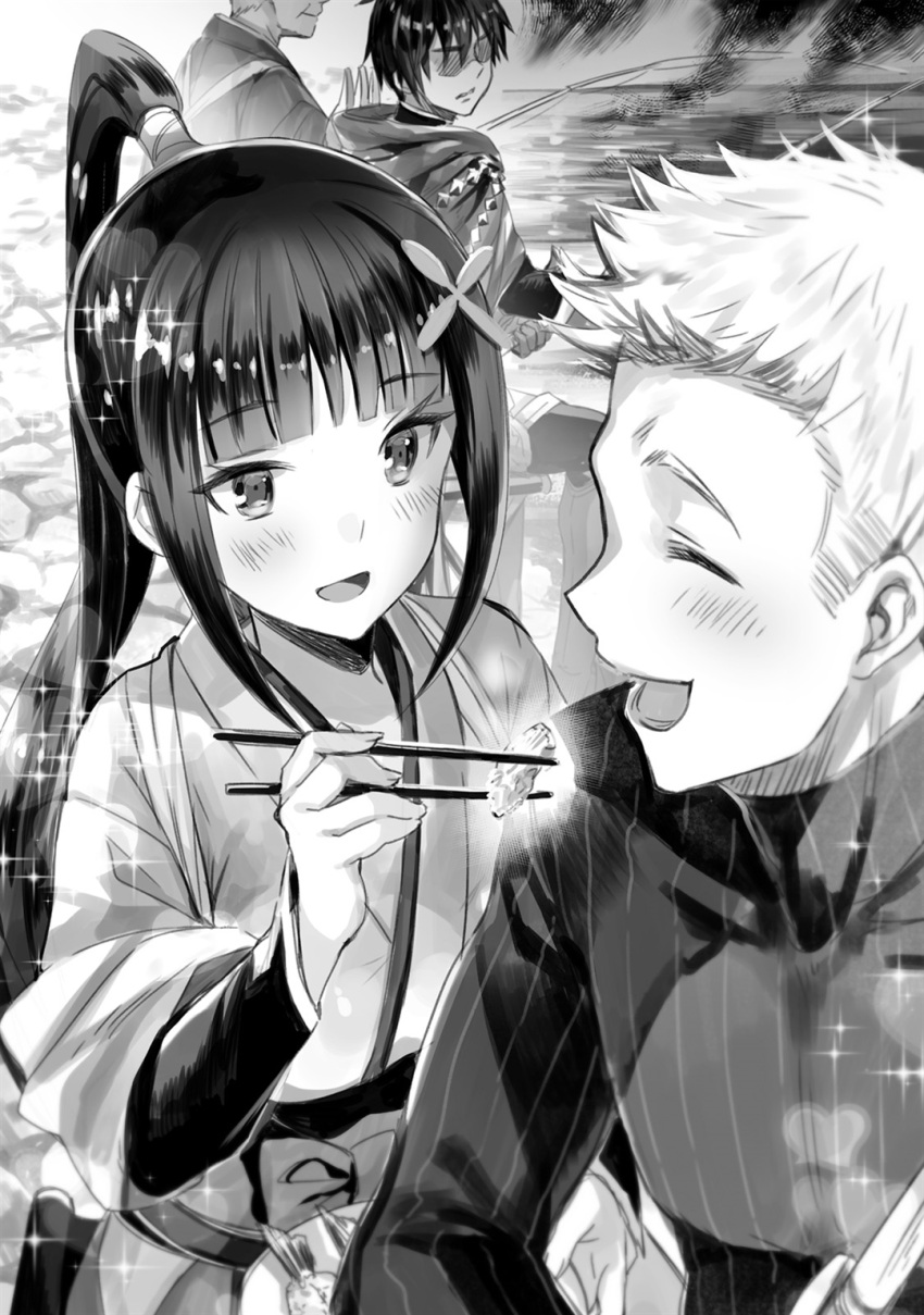 1girl, 3boys, :d, bangs, blunt_bangs, chopsticks, closed_eyes, erwin_von_arnim, eyebrows_visible_through_hair, feeding, fishing_rod, fuji_choko, hachinan_tte_sore_wa_nai_deshou!, haruka_(hachinan_tte_sore_wa_nai_deshou!), high_ponytail, highres, holding, holding_chopsticks, holding_rod, japanese_clothes, kimono, long_hair, long_sleeves, looking_back, multiple_boys, novel_illustration, official_art, open_mouth, smile, sparkle, striped, vertical_stripes, very_long_hair, wendelin_von_benno_baumeister