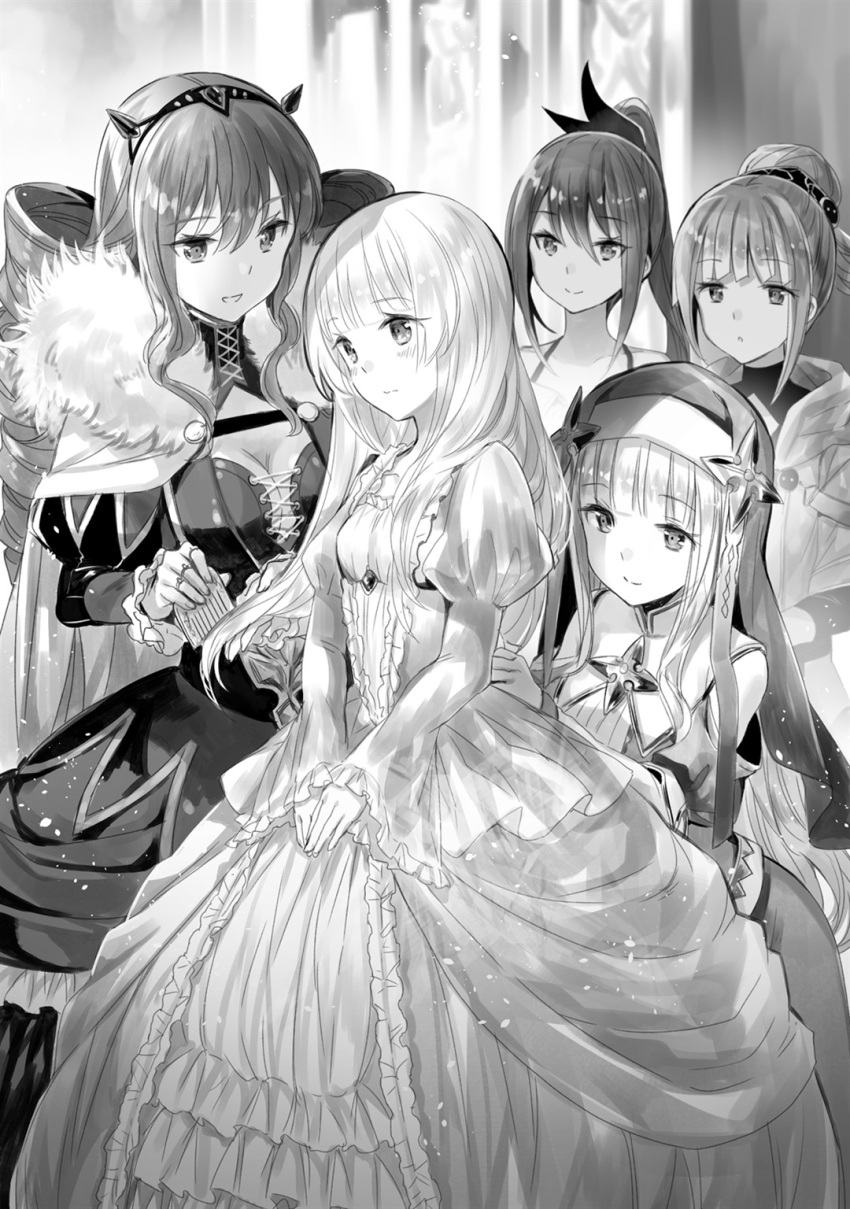 5girls, blush, breasts, cleavage, collarbone, dress, drill_hair, elise_katharina_von_hohenheim