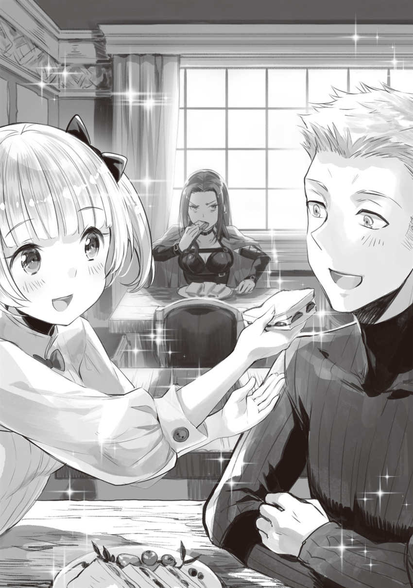 1boy, 2girls, :d, bow, bowtie, breasts, cleavage, eating