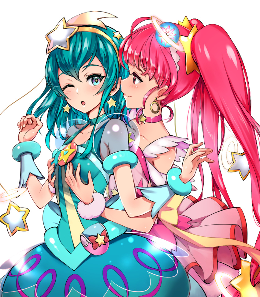 2girls, ;o, blue_choker, blue_eyes, blue_hair, blue_skirt, blush, breast_grab