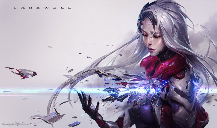 1girl, alternate_costume, android, bangs, breasts, cable, chengwei_pan, cropped_jacket
