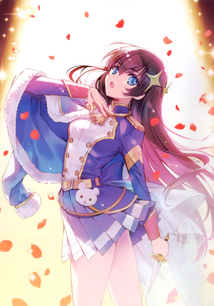 1girl, absurdres, backlighting, blue_eyes, carnelian, chestnut_mouth, cowboy_shot, dagger