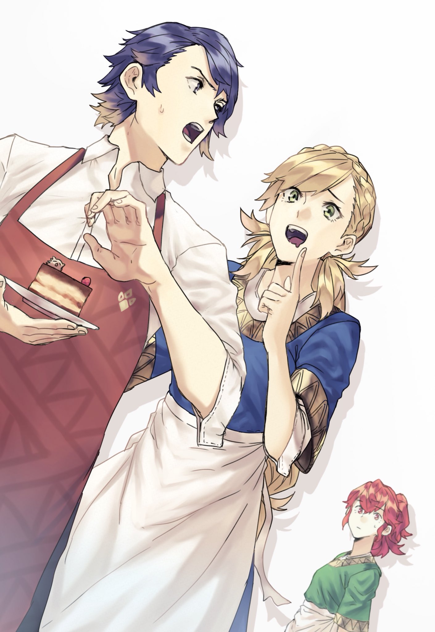 1boy, 2girls, alfonse_(fire_emblem), alternate_costume, anna_(fire_emblem), apron, blonde_hair, blue_eyes, blue_hair, braid, brother_and_sister, cake, crown_braid, fire_emblem, fire_emblem_heroes, food, gradient_hair, green_eyes, highres, holding, holding_plate, index_finger_raised, long_hair, multicolored_hair, multiple_girls, nintendo, open_mouth, plate, red_eyes, redhead, sharena, short_hair, short_sleeves, siblings, simple_background, tomentomob, white_background