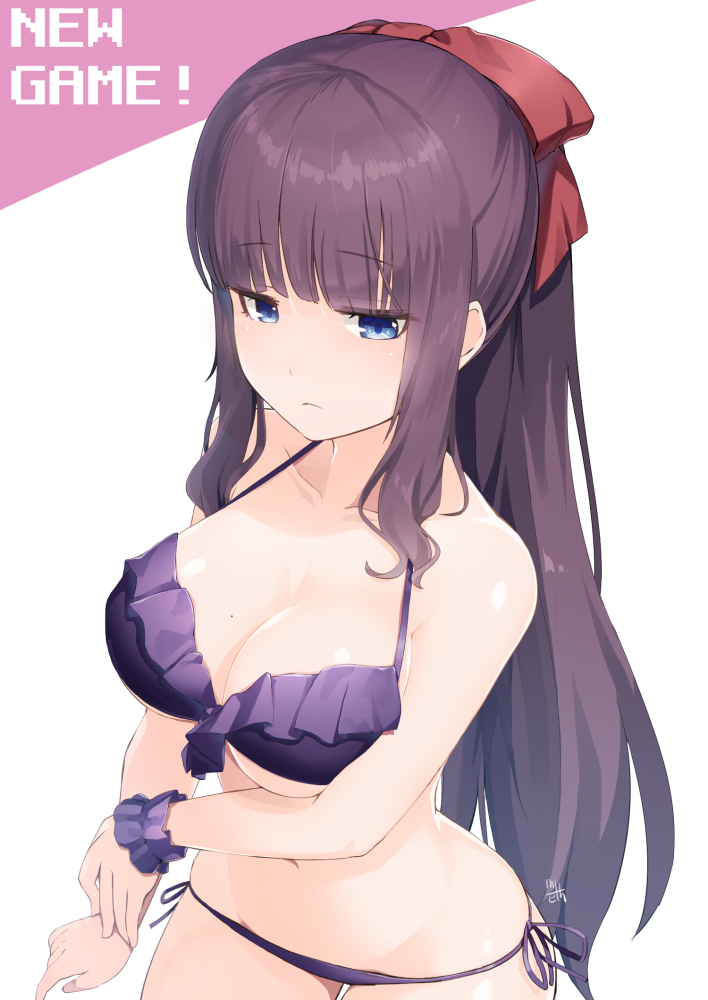 1girl, bangs, bare_shoulders, bikini, blue_eyes, blush, bow, breasts