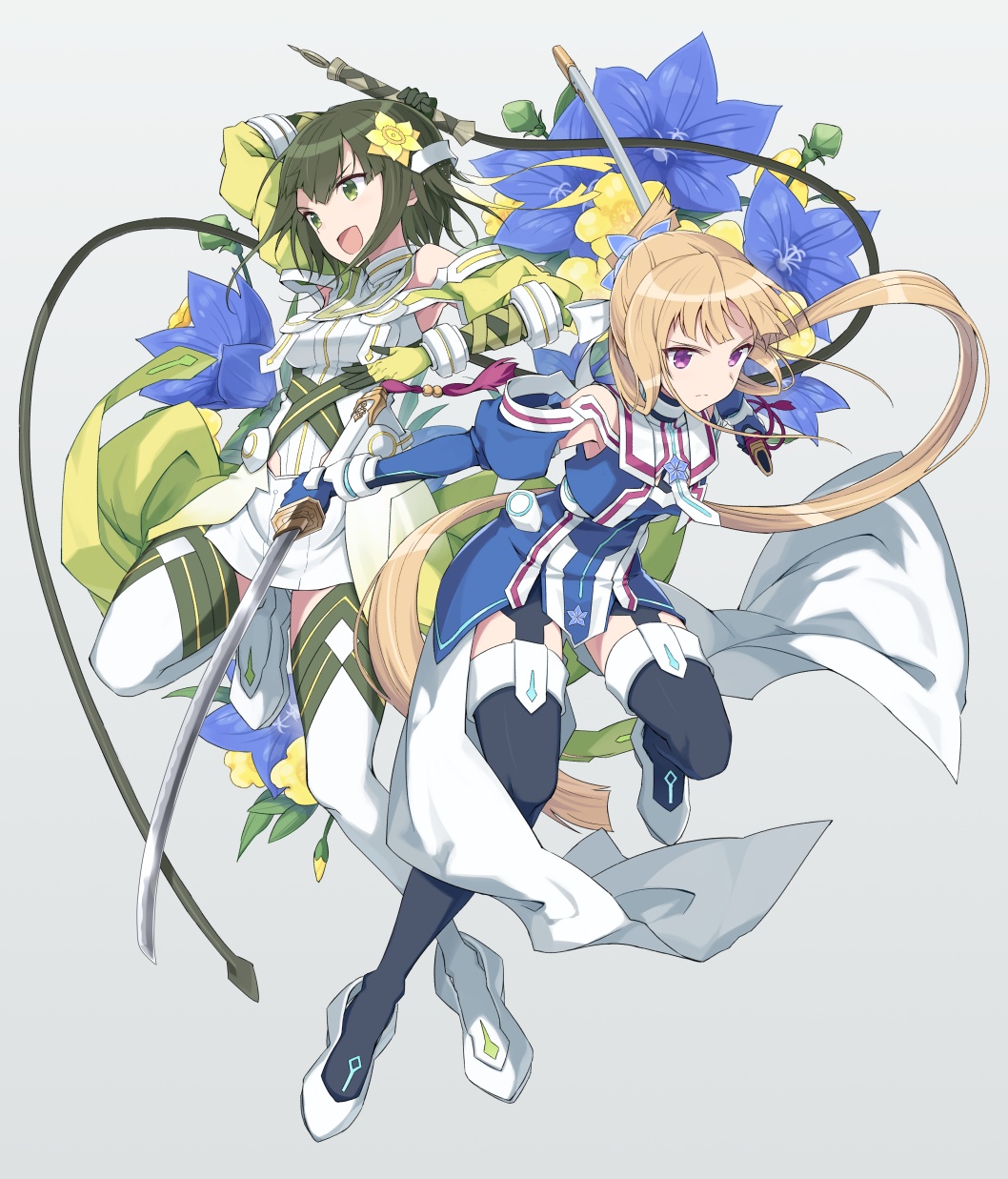 2girls, bare_shoulders, black_legwear, commentary_request, detached_sleeves, flower, folded_ponytail, gloves, green_eyes, green_hair, grey_background, hair_flower, hair_ornament, hair_ribbon, highres, katana, light_brown_hair, long_hair, medium_hair, multiple_girls, nogi_wakaba, nogi_wakaba_wa_yuusha_de_aru, open_mouth, pera, ribbon, scabbard, sheath, shiratori_utano, sword, thigh-highs, very_long_hair, violet_eyes, weapon, whip, white_legwear, yuusha_de_aru