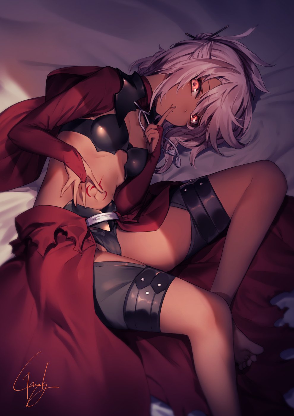 1girl, bangs, barefoot, blush, breasts, bridal_gauntlets, capelet, chaps
