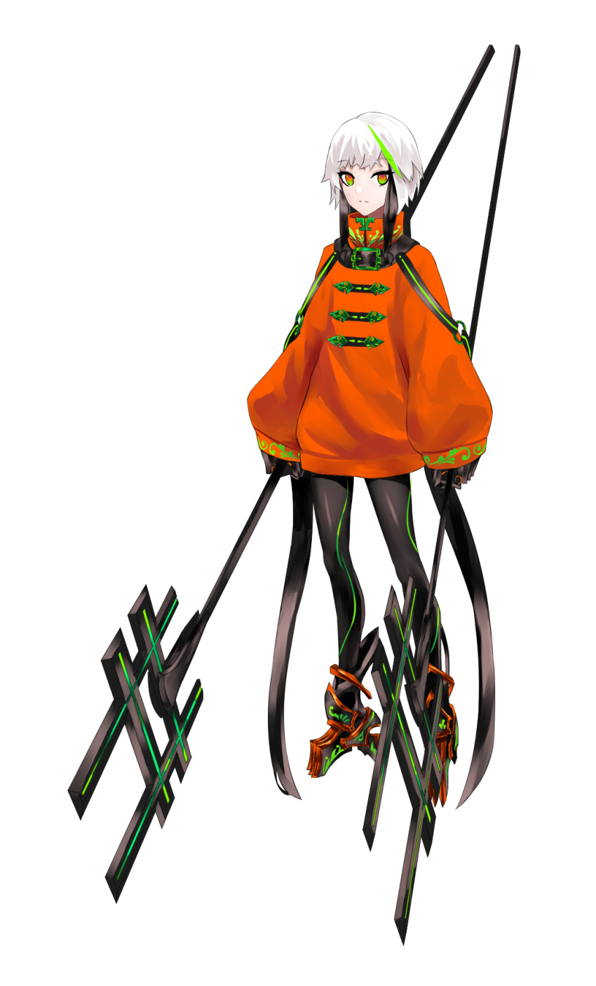 1boy, black_hair, dual_wielding, expressionless, eyebrows_visible_through_hair, full_body, green_eyes, green_hair