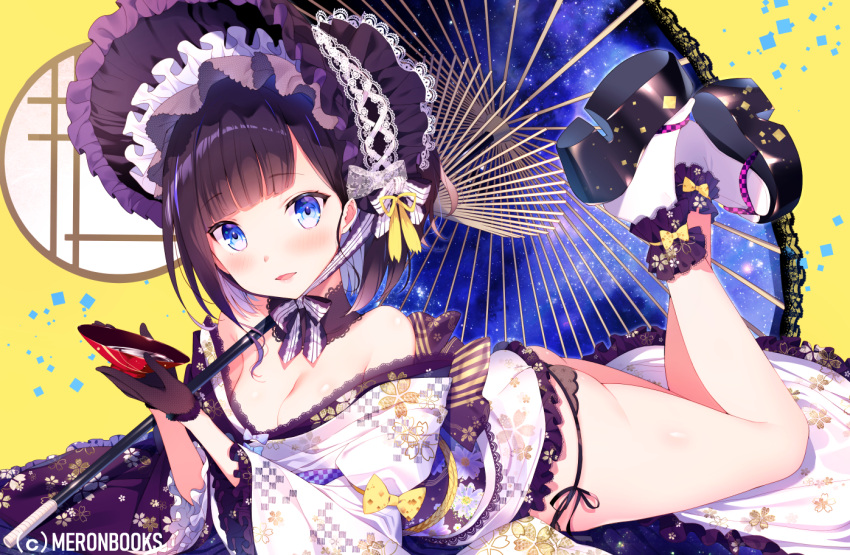 1girl, ass, bangs, black_gloves, black_panties, blue_eyes, blush, breasts