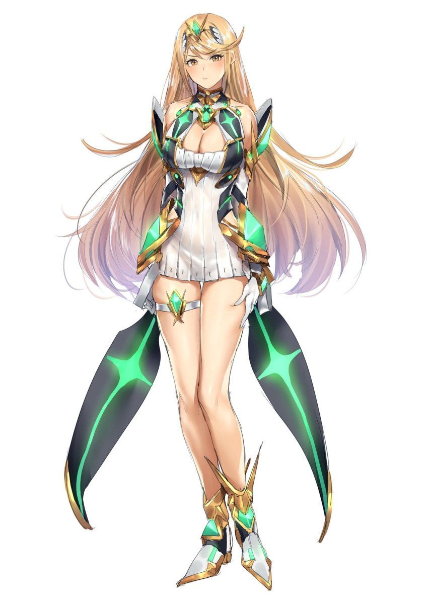 1girl, armor, arms_at_sides, bangs, bare_shoulders, blonde_hair, blush, boots