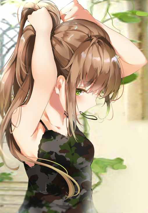 1girl, armpits, bangs, blurry, blurry_background, blush, breasts, brown_hair