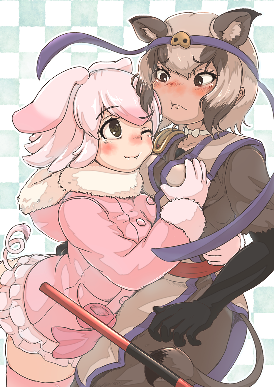 2girls, ;3, animal_ears, arched_back, arm_around_waist, bangs, blush, boar_ears, boar_tail, breast_grab, breast_press, breasts, brown_eyes, brown_hair, buttons, checkered, checkered_background, choker, closed_mouth, collarbone, dark_skin, dress, embarrassed, extra_ears, eyebrows_visible_through_hair, female_pervert, floppy_ears, fur-trimmed_sleeves, fur_collar, fur_trim, furrowed_eyebrows, glomp, grabbing, groping, head_on_chest, head_on_head, headband, highres, hood, hood_down, hooded_jacket, hug, jacket, kemono_friends, long_sleeves, looking_at_another, medium_hair, multicolored_hair, multiple_girls, nose_blush, okyao, one_eye_closed, pervert, pig_(kemono_friends), pig_ears, pig_tail, pink_hair, ryukyu_boar_(kemono_friends), short_hair, short_sleeves, sidelocks, skirt, smile, tail, thigh-highs, two-tone_hair, upper_body, vest, yuri, zettai_ryouiki