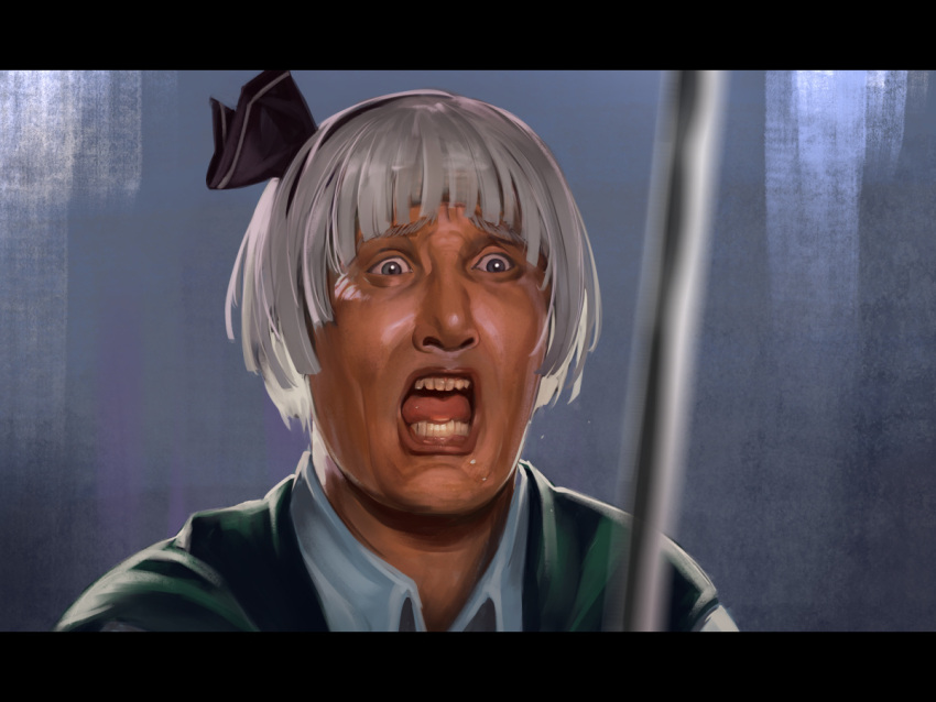 1girl, asutora, bangs, black_hairband, black_ribbon, blurry_foreground, commando_(movie), commentary_request
