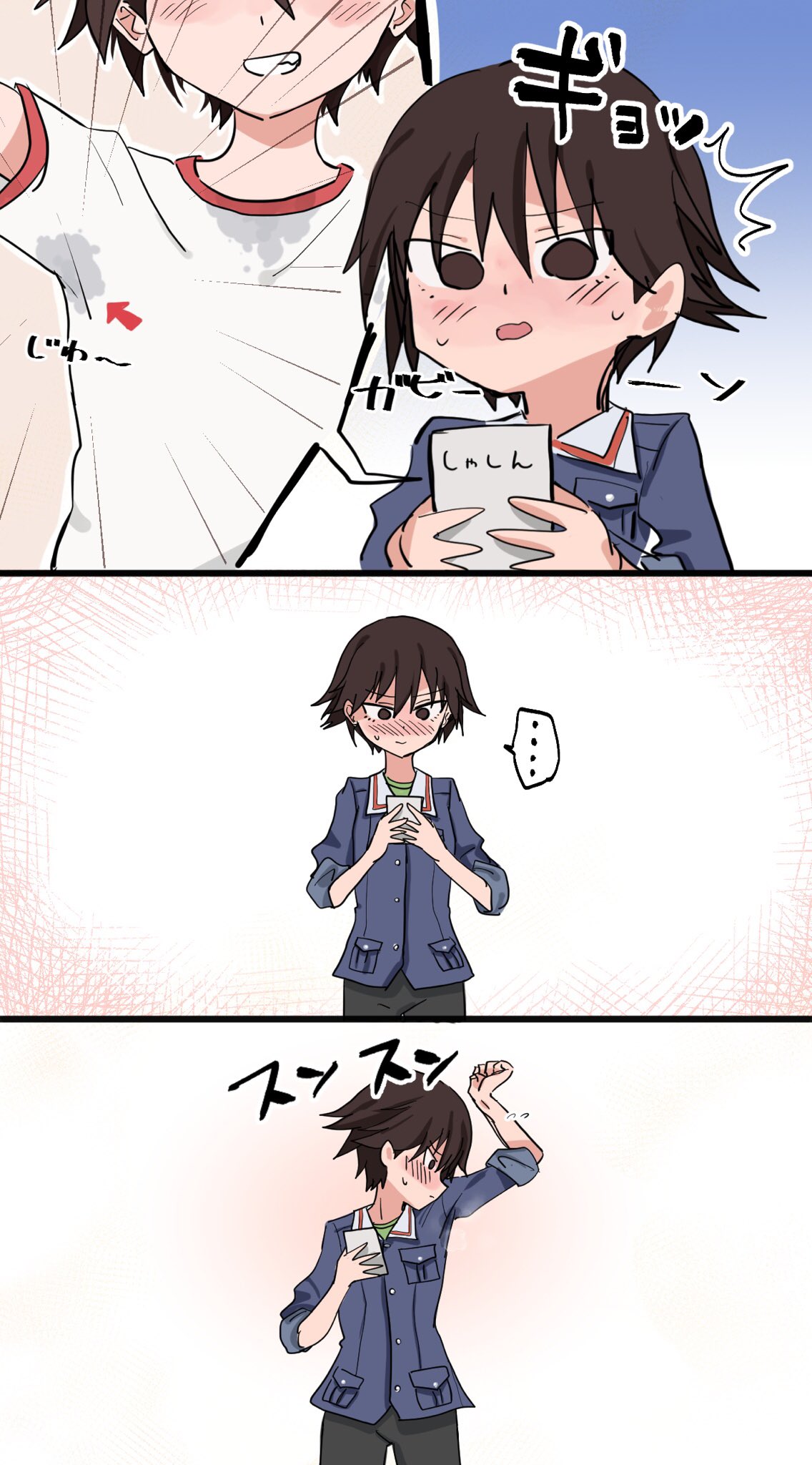 bangs, bike_shorts, black_shorts, blue_jacket, blush, breath, brown_hair, girls_und_panzer