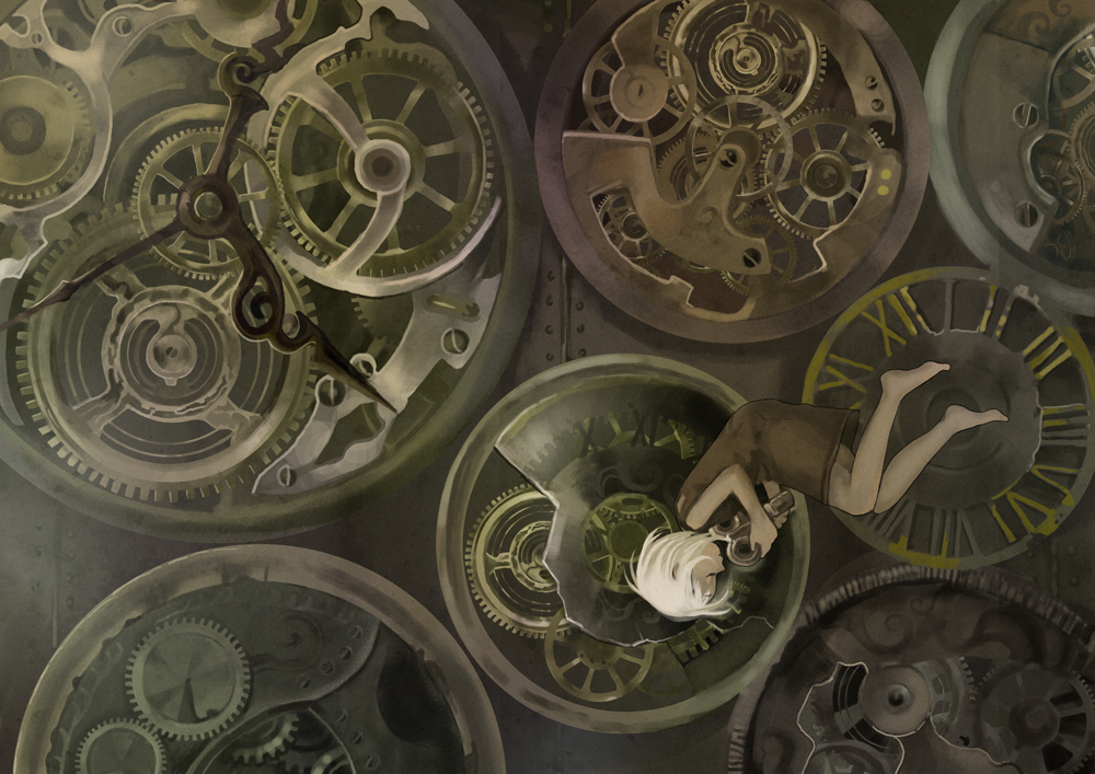 clock, clockwork, closed_eyes, dress, gear, gears, kotetsu_(popeethe), lying