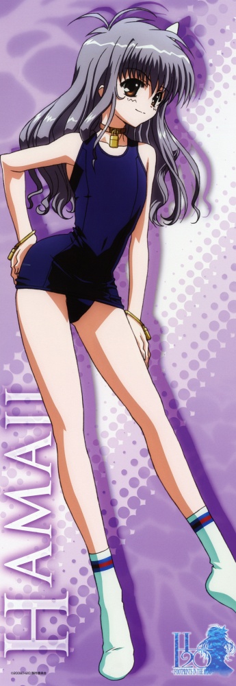 brown_eyes, choker, h2o_footprints_in_the_sand, jewelry, lock, long_hair, one-piece_swimsuit, school_swimsuit, silver_hair, socks, swimsuit, trap, yakumo_hamaji