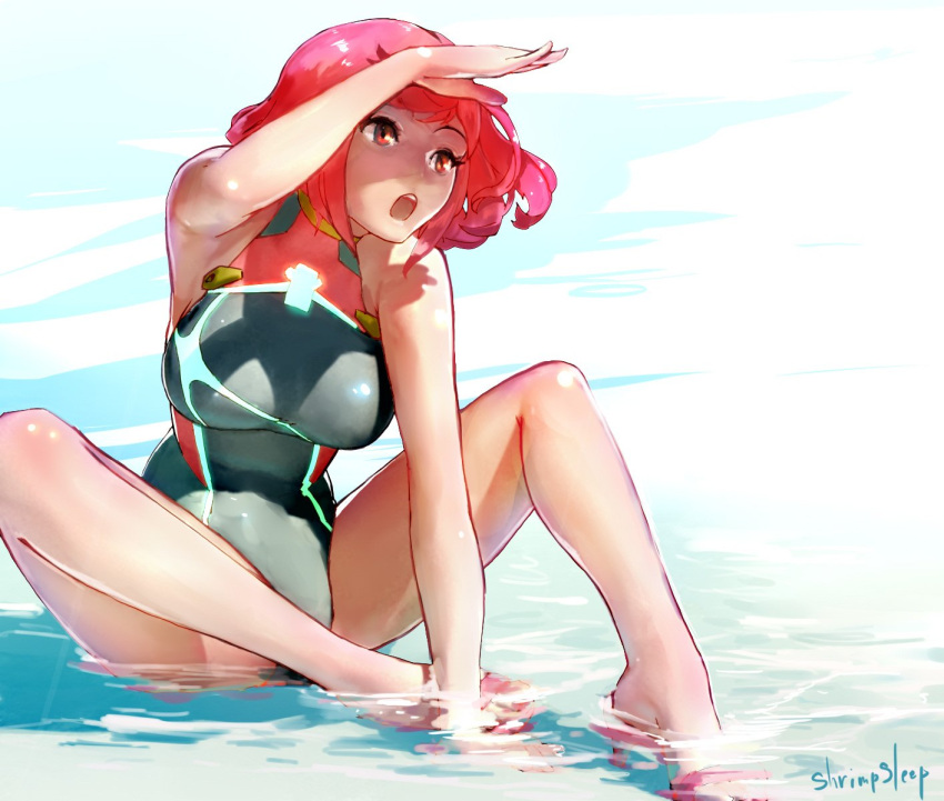 1girl, bangs, black_swimsuit, blush, breasts, covered_navel, dress, earrings