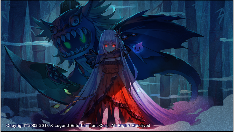 1girl, absurdly_long_hair, arms_at_side, bamboo, bamboo_forest, blood, clenched_hand, company_name