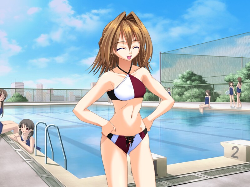 aneimo, bikini, brown_hair, closed_eyes, game_cg, hands_on_hips, kirishima_satsuki, midriff