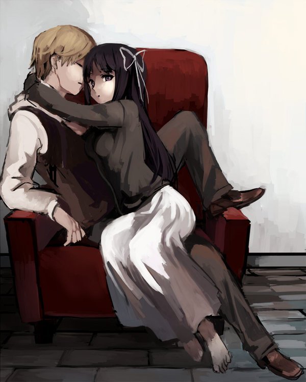 1boy, 1girl, black_hair, breasts, couch, dress, hair_ribbon, long_hair, ribbon, shousan_(hno3syo), sick_mind, source_request, yamitsuki_(sick_mind)