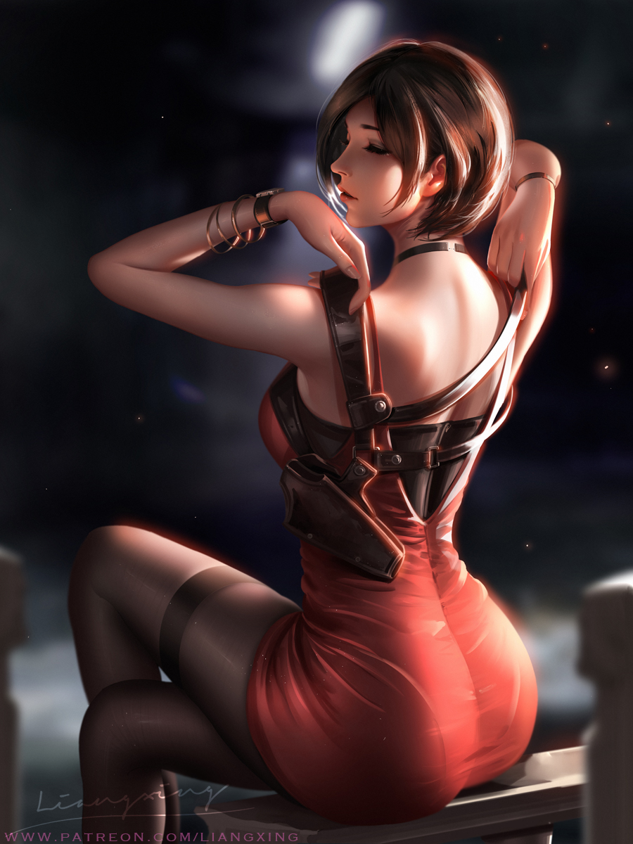 1girl, ada_wong, adjusting_strap, ass, bare_shoulders, bench, bracelet, breasts