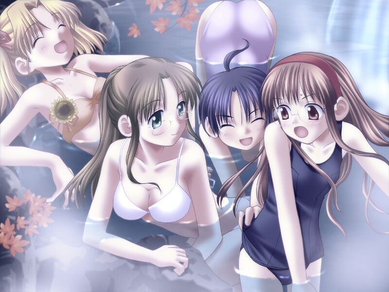 bikini, blonde_hair, blue_hair, brown_hair, closed_eyes, game_cg, glasses, hanamizawa_q-tarou