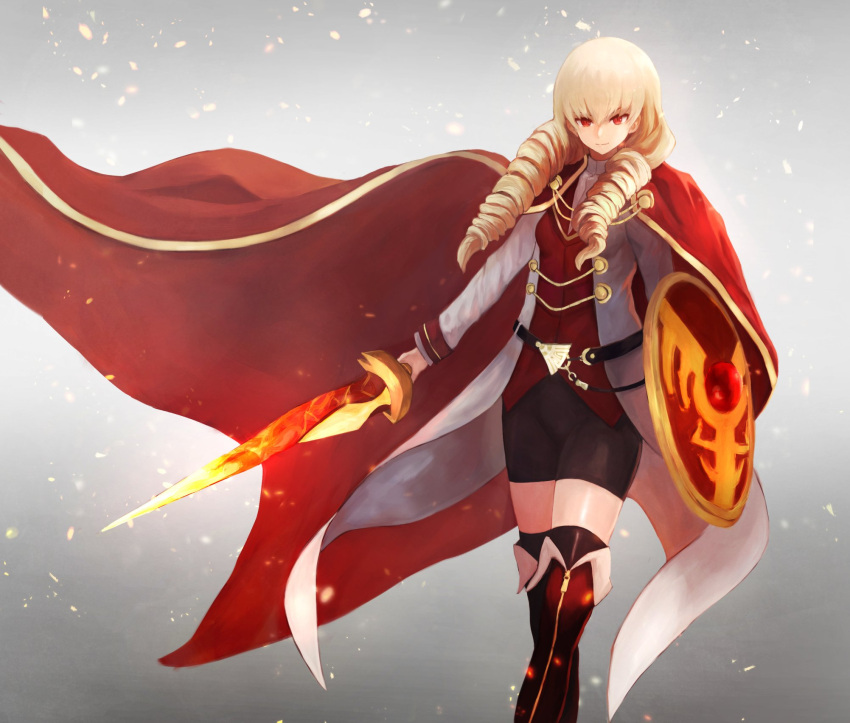 1girl, b13art, bike_shorts, blonde_hair, boots, cape, closed_mouth, drill_hair, erika_wagner, hair_between_eyes, highres, holding, holding_shield, holding_sword, holding_weapon, long_hair, long_sleeves, red_eyes, shield, simple_background, skirt, solo, standing, sword, thigh-highs, twin_drills, twintails, under_night_in-birth, under_night_in-birth_exe:late[st], weapon