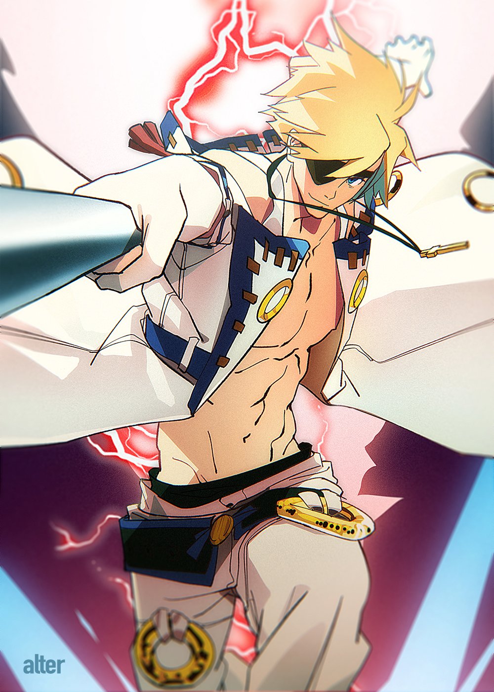 1boy, abs, alterab, blonde_hair, blue_eyes, cross, crucifix, eyepatch