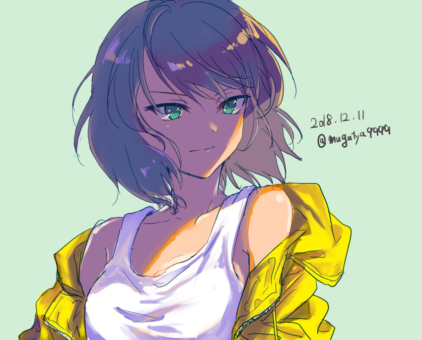 1girl, bangs, brown_hair, closed_mouth, commentary, dark_skin, dated, drawstring