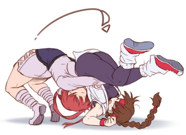 0721kin29n, 2girls, ass, bangs, battle, braid, breasts, brown_hair