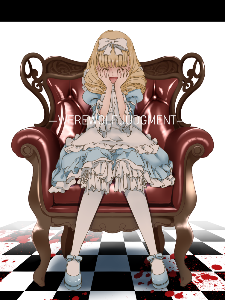 1girl, 8041mm, bangs, blonde_hair, bow, chair, checkered, checkered_floor