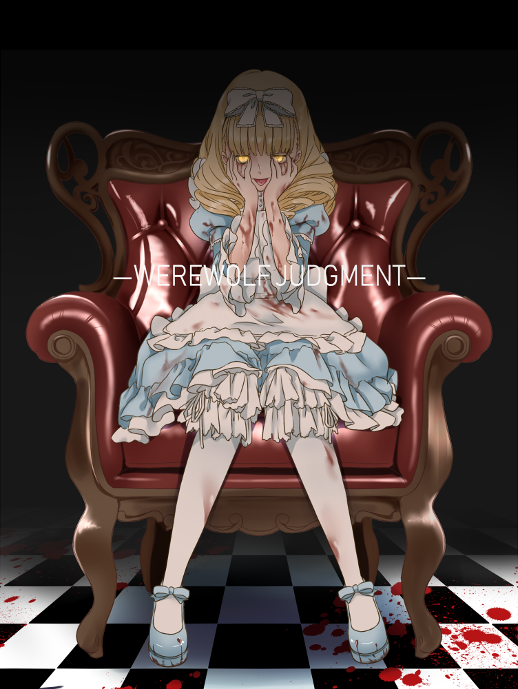 1girl, 8041mm, :p, bangs, blonde_hair, blood, bow, chair