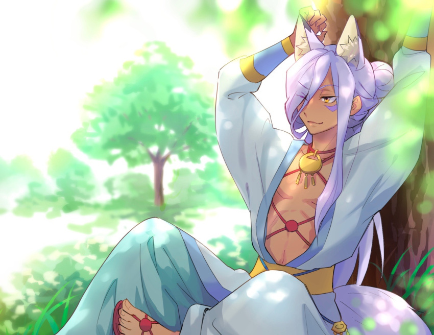 1boy, animal_ears, bishounen, cavpas, collarbone, dark_skin, eyes_visible_through_hair, facial_mark, fox_ears, fox_tail, gundam, gundam_build_divers, hair_between_eyes, long_hair, looking_at_viewer, male_focus, sandals, shahryar_(gundam_build_divers), silver_hair, smile, solo, tail, tree, yellow_eyes