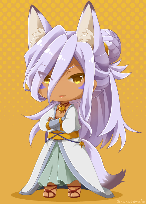 animal_ears, bridal_gauntlets, chibi, dark_skin, facial_mark, fox_ears, fox_tail, full_body