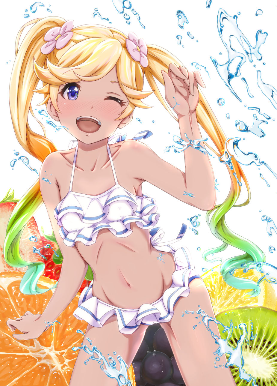 1girl, bikini, bikini_bottom, bikini_top, blonde_hair, blue_eyes, blush, flower