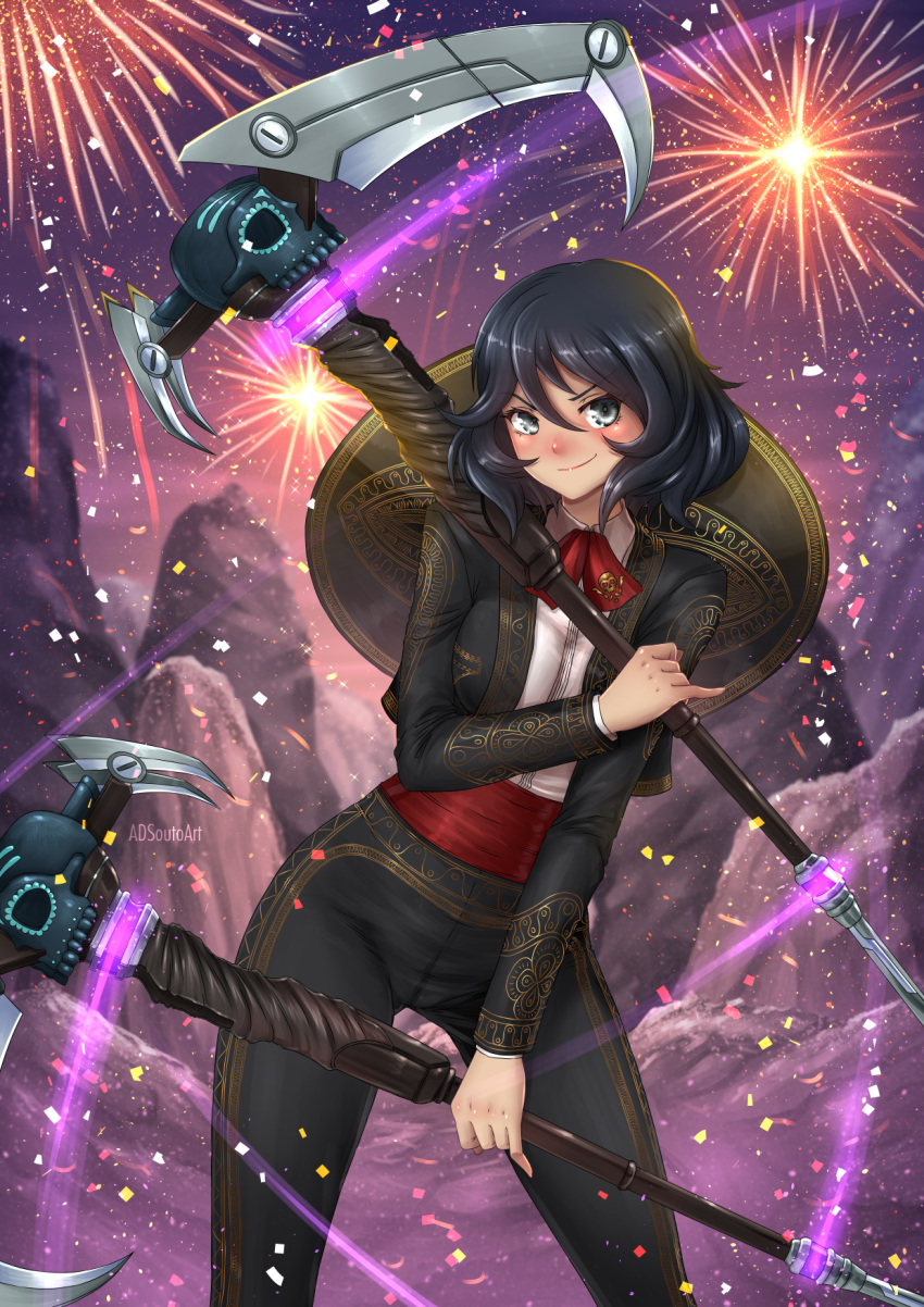 1girl, adsouto, black_hair, breasts, dark_skin, dual_wielding, eyebrows_visible_through_hair, fireworks, grey_eyes, hair_ornament, highres, holding, looking_at_viewer, maria_calavera, mountain, rock, rwby, scythe, short_hair, skull, solo, tagme, younger