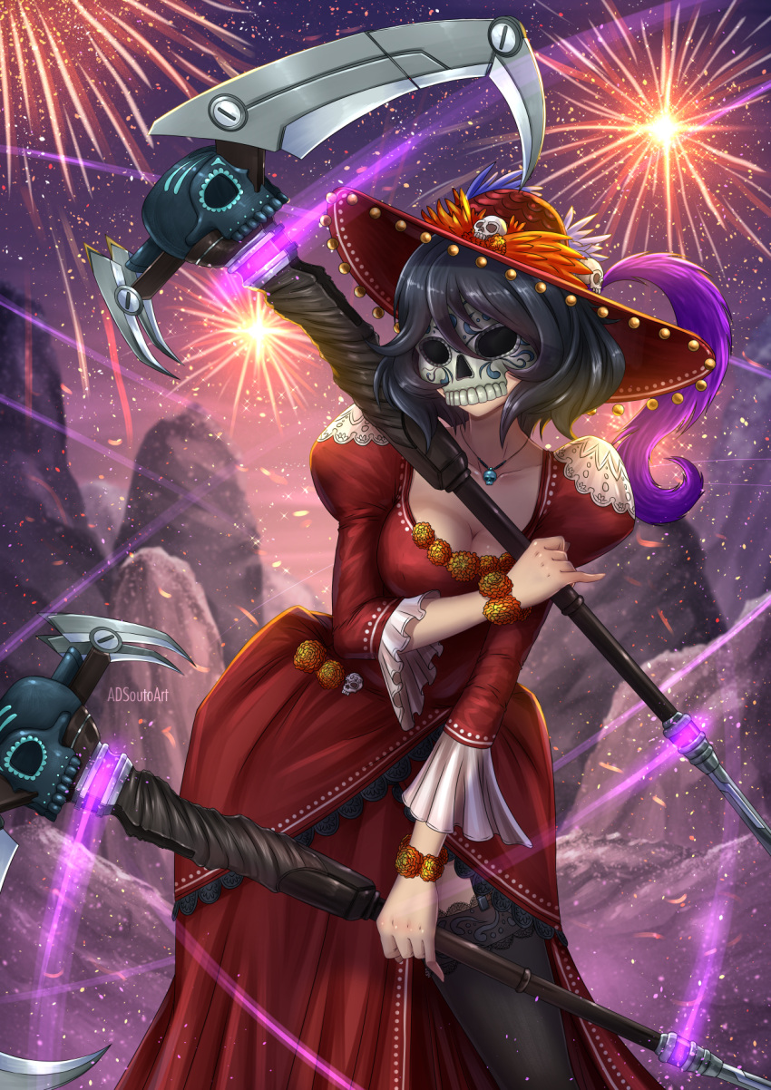 1girl, adsouto, black_hair, breasts, cleavage, dark_skin, dress, dual_wielding