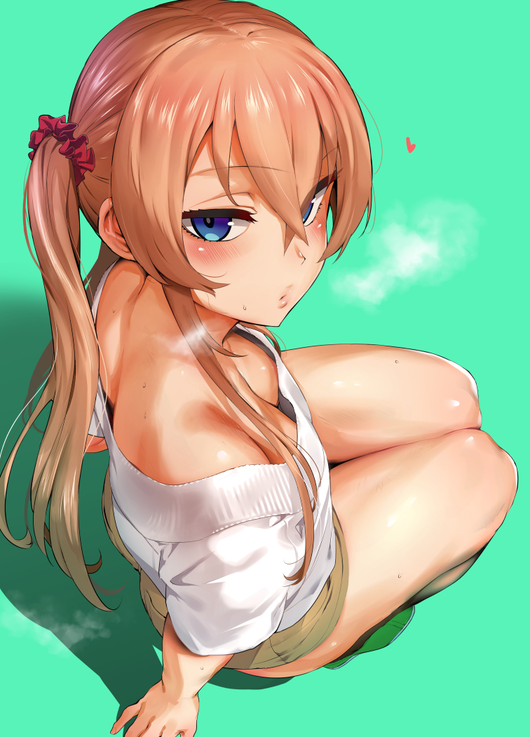 1girl, arms_at_sides, bangs, blue_eyes, blush, breasts, breath, closed_mouth