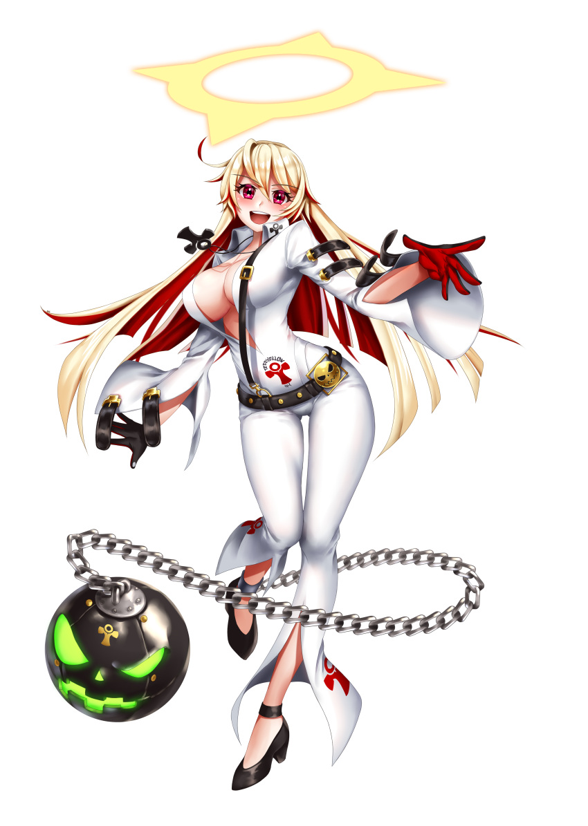 absurdres, ahoge, ankle_strap, ball_and_chain_restraint, belt, blonde_hair, blush, breasts, buckle, contrapposto, eyebrows_visible_through_hair, full_body, gloves, gluteal_fold, gom-iuneunsoli, guilty_gear, guilty_gear_xrd, halo, high_heels, highres, jack-o'_valentine, jewelry, large_breasts, leg_up, long_hair, looking_at_viewer, multicolored_hair, necklace, open_clothes, open_mouth, outstretched_arms, pink_eyes, plunging_neckline, redhead, simple_background, straitjacket, taut_clothes, teeth, two-tone_hair, white_background, wide_hips, wide_sleeves