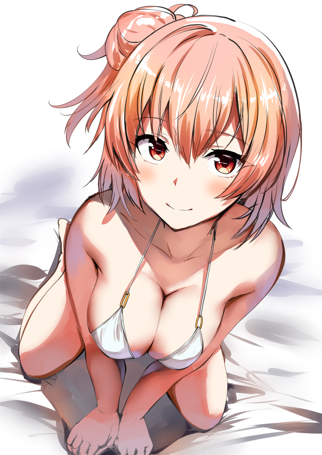 1girl, barefoot, bikini, blush, breasts, cleavage, from_above, highres