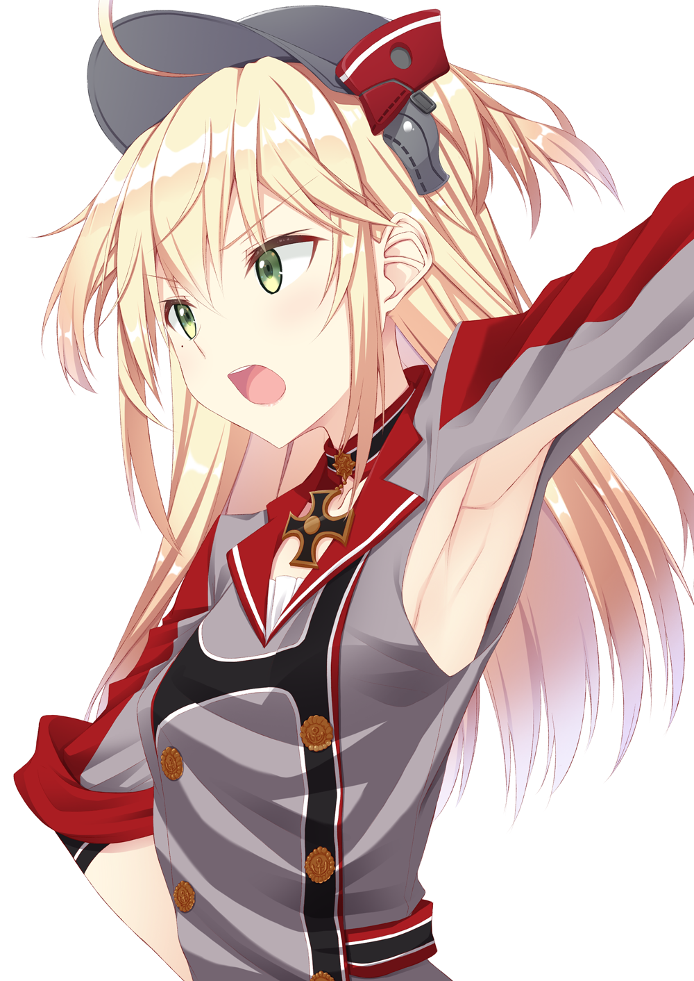 1girl, :o, admiral_hipper_(azur_lane), ahoge, armpit_cutout, armpits, azur_lane, blonde_hair