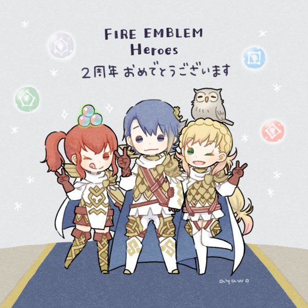 1boy, 2girls, ;q, alfonse_(fire_emblem), animal, animal_on_head, anna_(fire_emblem), armor