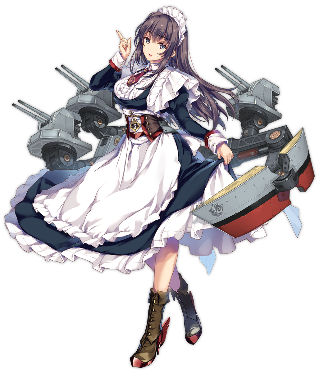 1girl, apron, azur_lane, bangs, blue_eyes, blush, boots, breasts, brown_footwear, cannon, crossed_legs, curacoa_(azur_lane), dress, dress_lift, eyebrows_visible_through_hair, frills, full_body, highres, index_finger_raised, juliet_sleeves, large_breasts, legs_crossed, lifted_by_self, long_hair, long_sleeves, maid, maid_headdress, moneti_(daifuku), official_art, parted_lips, puffy_sleeves, purple_hair, rigging, rudder_footwear, sidelocks, sleeve_cuffs, smile, solo, transparent_background, turret, watson_cross