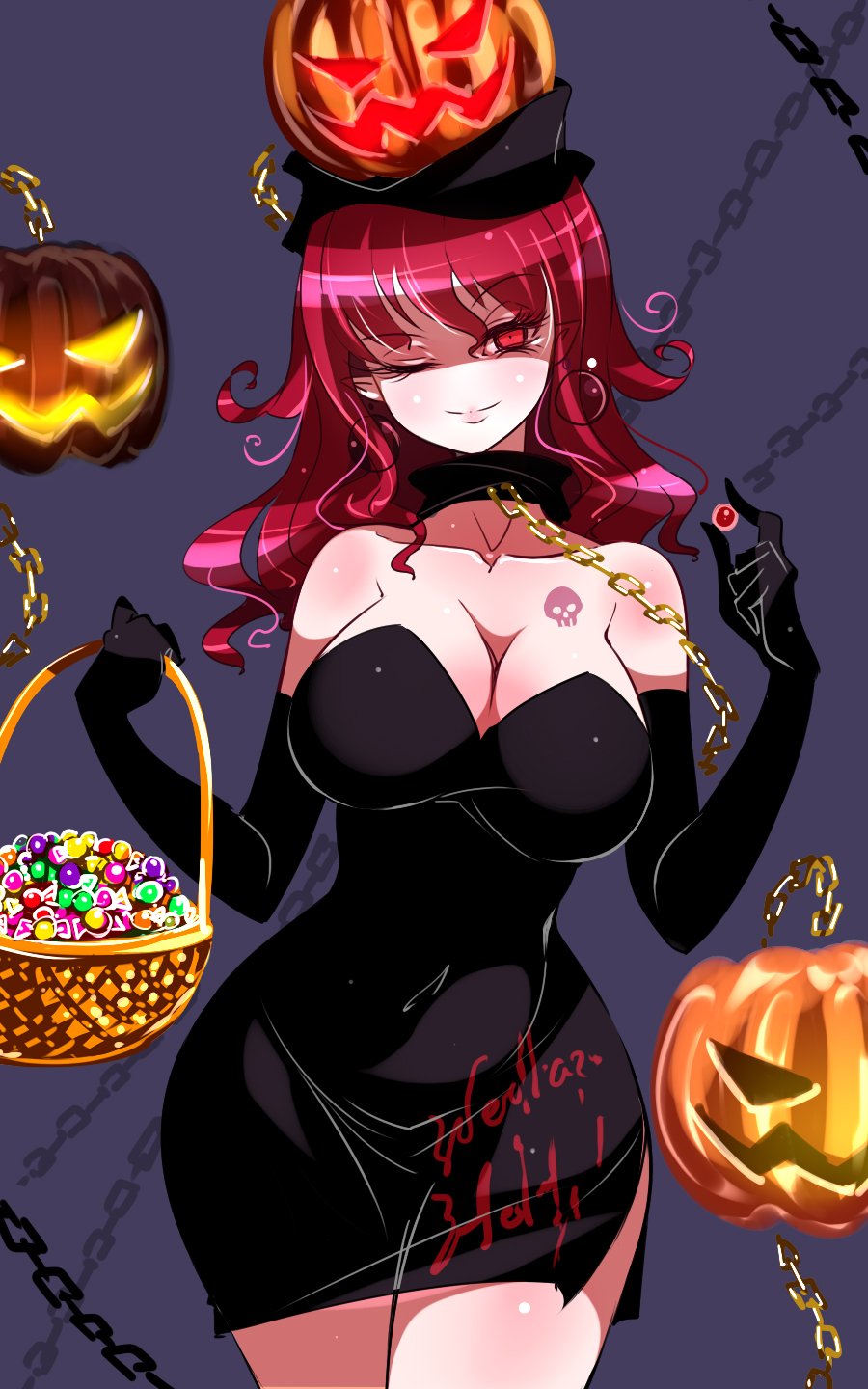1girl, bare_shoulders, basket, black_dress, black_gloves, blue_background, breasts, candy